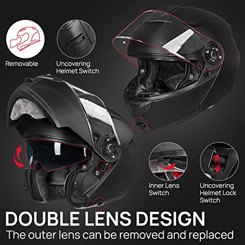 ILM Adult Motorcycle Modular Full Face Helmet Flip up Dual Visor DOT Approved Model 159(Matte Black,Medium) - Image 4