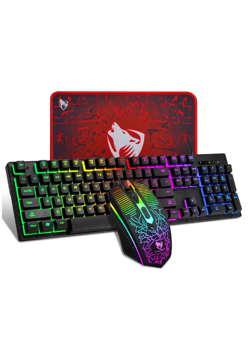 T-WOLF - Gaming Keyboard And Mouse Keyboards With Rainbow 104 Keys 2400 dpi Mouse  Mouse Pad USB Cable Compatible With Windows Mac PC PS4 Xbox Black - Image 1