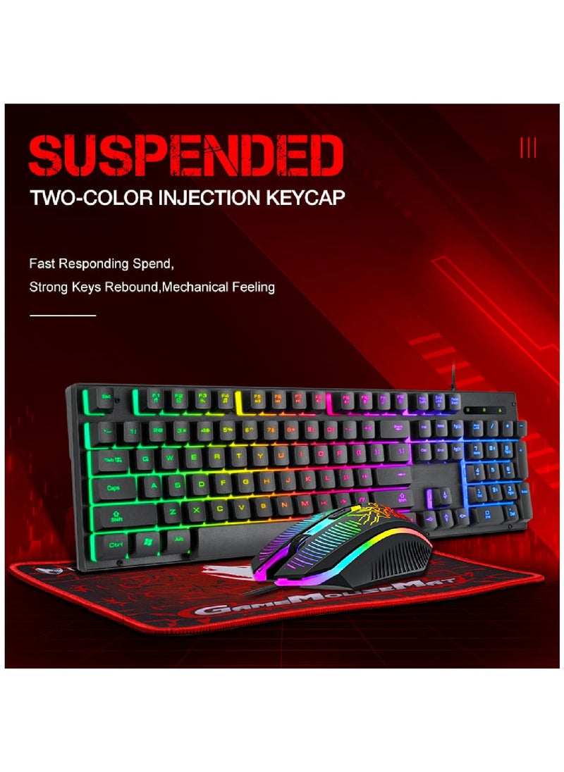 T-WOLF - Gaming Keyboard And Mouse Keyboards With Rainbow 104 Keys 2400 dpi Mouse  Mouse Pad USB Cable Compatible With Windows Mac PC PS4 Xbox Black - Image 1