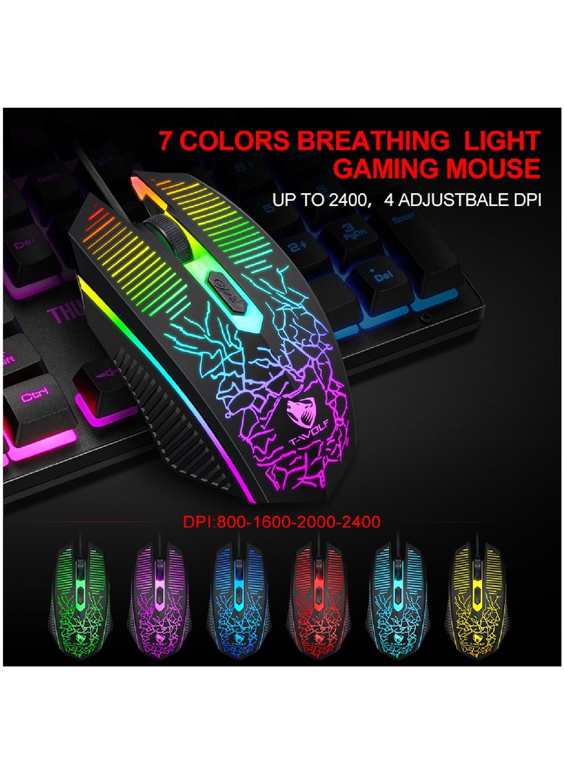 T-WOLF - Gaming Keyboard And Mouse Keyboards With Rainbow 104 Keys 2400 dpi Mouse  Mouse Pad USB Cable Compatible With Windows Mac PC PS4 Xbox Black - Image 1