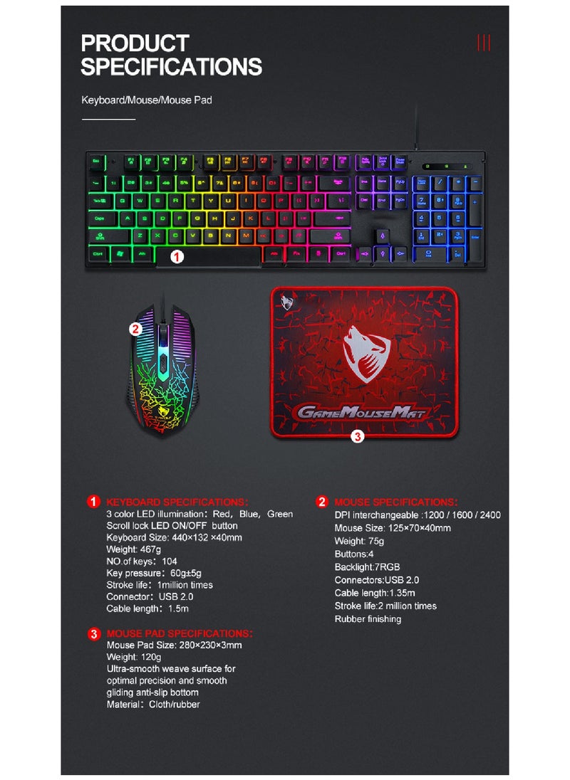 T-WOLF - Gaming Keyboard And Mouse Keyboards With Rainbow 104 Keys 2400 dpi Mouse  Mouse Pad USB Cable Compatible With Windows Mac PC PS4 Xbox Black - Image 1