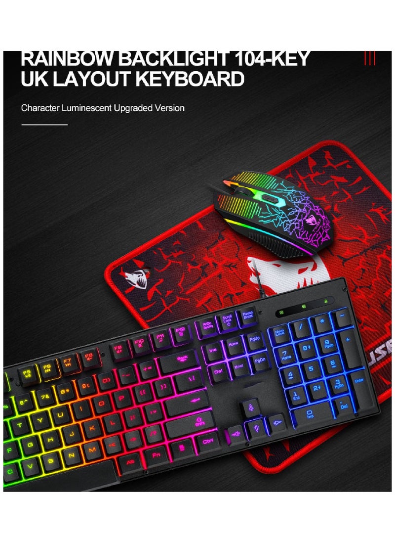 T-WOLF - Gaming Keyboard And Mouse Keyboards With Rainbow 104 Keys 2400 dpi Mouse  Mouse Pad USB Cable Compatible With Windows Mac PC PS4 Xbox Black - Image 1