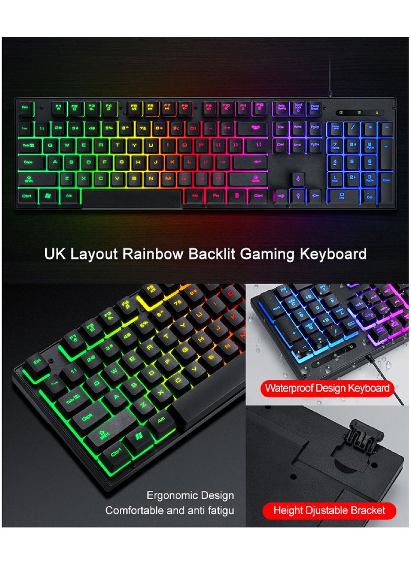 T-WOLF - Gaming Keyboard And Mouse Keyboards With Rainbow 104 Keys 2400 dpi Mouse  Mouse Pad USB Cable Compatible With Windows Mac PC PS4 Xbox Black - Image 1