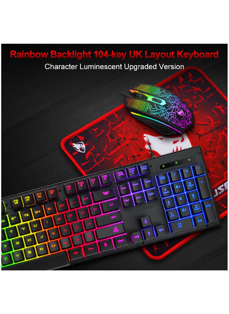 T-WOLF - Gaming Keyboard And Mouse Keyboards With Rainbow 104 Keys 2400 dpi Mouse  Mouse Pad USB Cable Compatible With Windows Mac PC PS4 Xbox Black - Image 1