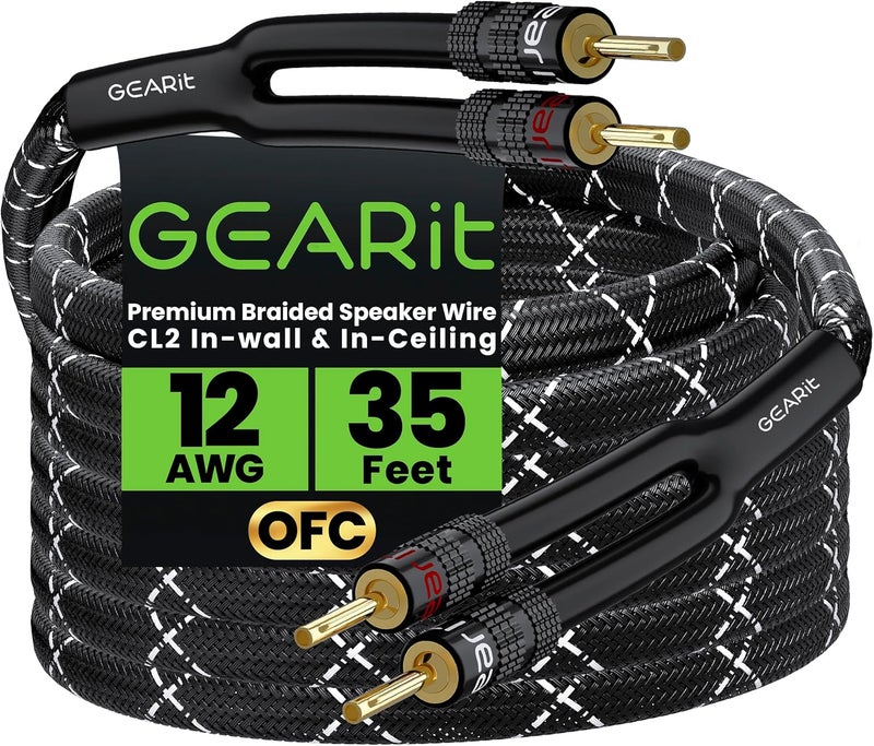 جير إت سلك مكبرات صوت الممتاز المضفر المتين مقاس 12AWG (2 × 4 مم²) (10.6 أمتار / 35 قدمًا / أسود) مع طرفي وصلات مزدوجة من نوع الموز مطلية بالذهب - بناء من النحاس الخالي من الأكسجين (OFC) - Image 1