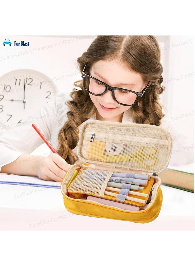 فنبلاست حافظة أقلام فن بلاست كبيرة السعة، متعددة الجيوب، بسحاب مزدوج، محمولة، حافظة أقلام أنيقة، حافظة أقلام كاواي، حقائب لطيفة للفتيات، حقيبة تنظيم أدوات مكتبية (أصفر) - Image 5