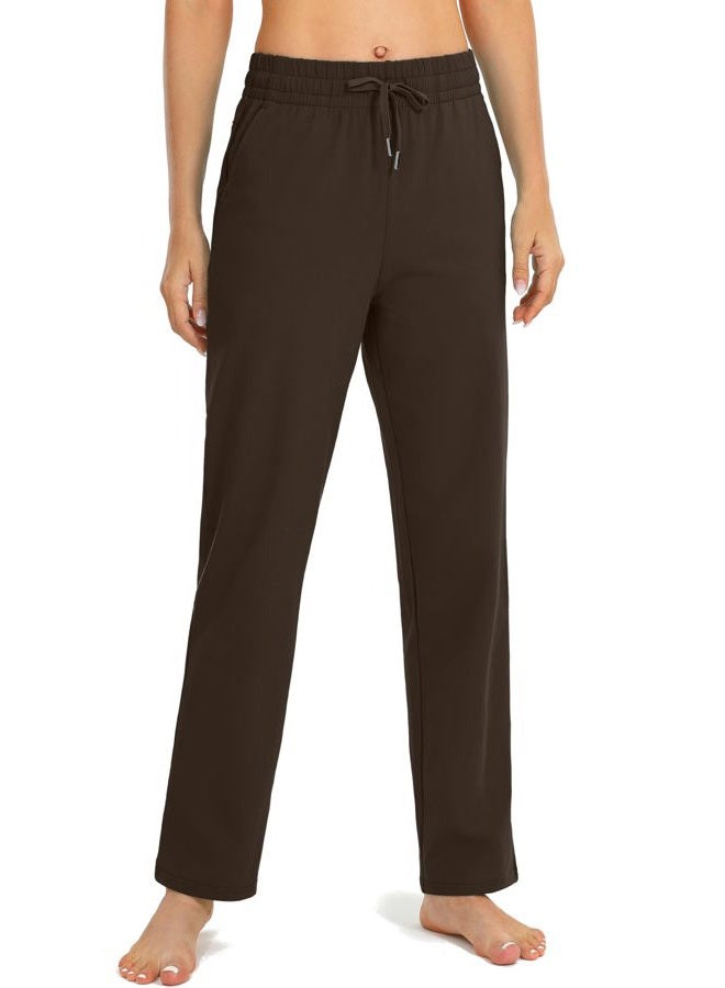 SANTINY Women's Cotton Sweatpants Yoga Lounge Casual Pants Open Bottom Sweat Pants for Women with Pockets, Dark Brown, XL - Image 2