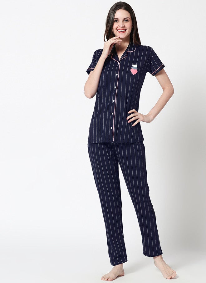 Zeyo Women Navy Blue & White Striped Night Suit - Image 2