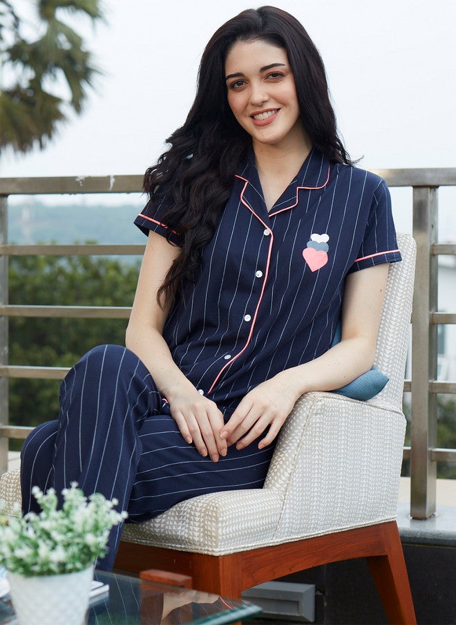 Zeyo Women Navy Blue & White Striped Night Suit - Image 1