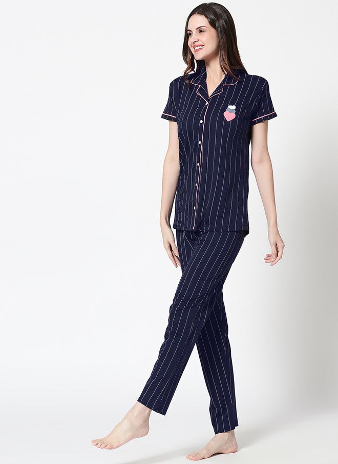Zeyo Women Navy Blue & White Striped Night Suit - Image 4