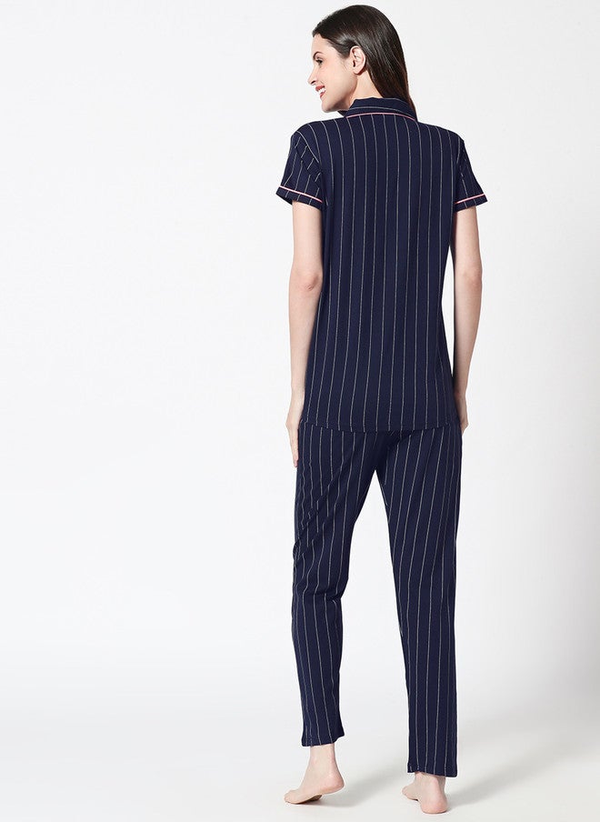 Zeyo Women Navy Blue & White Striped Night Suit - Image 5