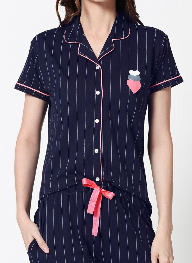 Zeyo Women Navy Blue & White Striped Night Suit - Image 3