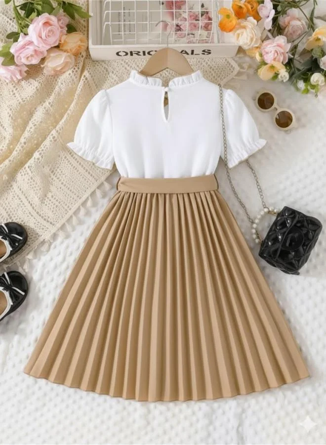 Take Two Girls Ruffled Puff Sleeve Pleated Dress with Bow Detail