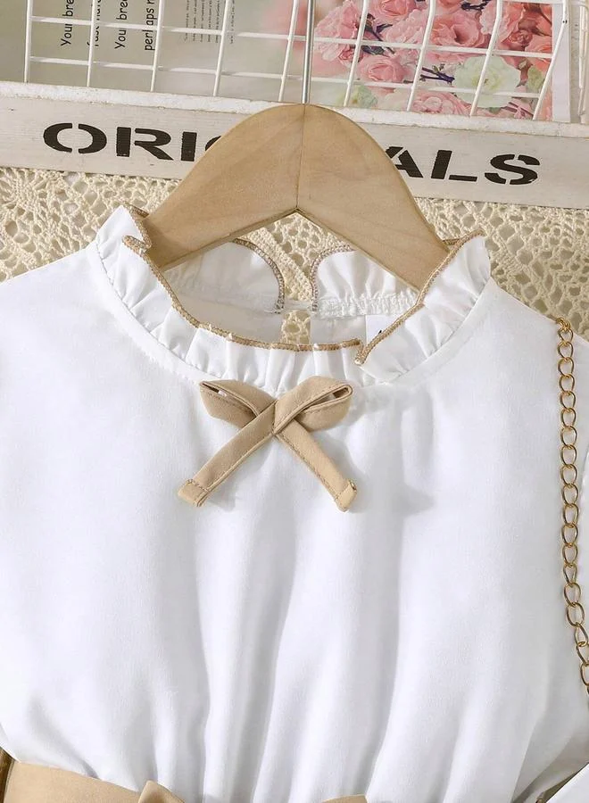 Take Two camel Girls Ruffled Puff Sleeve Pleated Dress With Bow Detail for Women | Best Price UAE