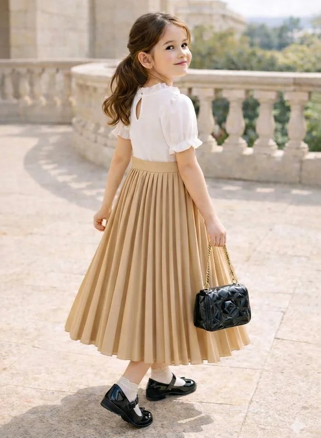 Take Two camel Girls Ruffled Puff Sleeve Pleated Dress With Bow Detail for Women | Best Price UAE