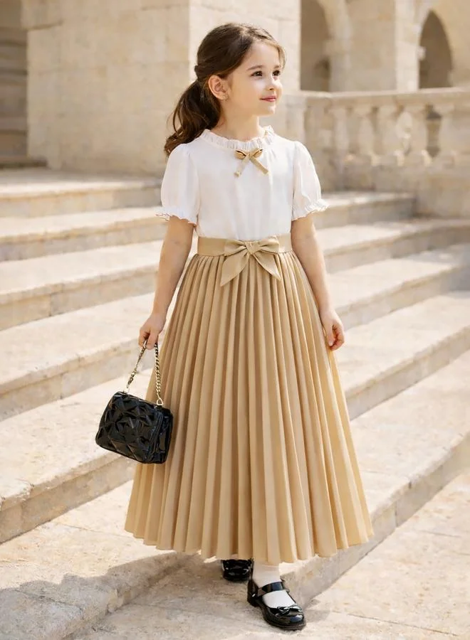 Take Two camel Girls Ruffled Puff Sleeve Pleated Dress With Bow Detail for Women | Best Price UAE