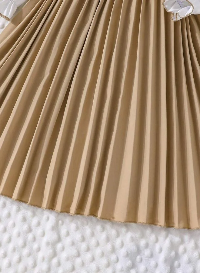 Take Two camel Girls Ruffled Puff Sleeve Pleated Dress With Bow Detail for Women | Best Price UAE