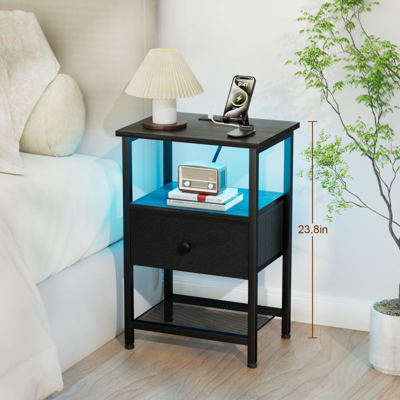 LOAKEKEL LED Night Stand with Charging Station, Small Bedside Table with USB Ports & Outlets, Fabric Storage Drawer with PU Finish for Bedroom, Black, HETS01BK-1 - Image 3