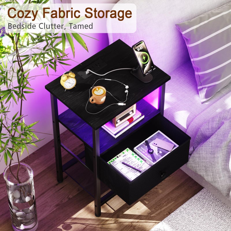 LOAKEKEL LED Night Stand with Charging Station, Small Bedside Table with USB Ports & Outlets, Fabric Storage Drawer with PU Finish for Bedroom, Black, HETS01BK-1 - Image 2
