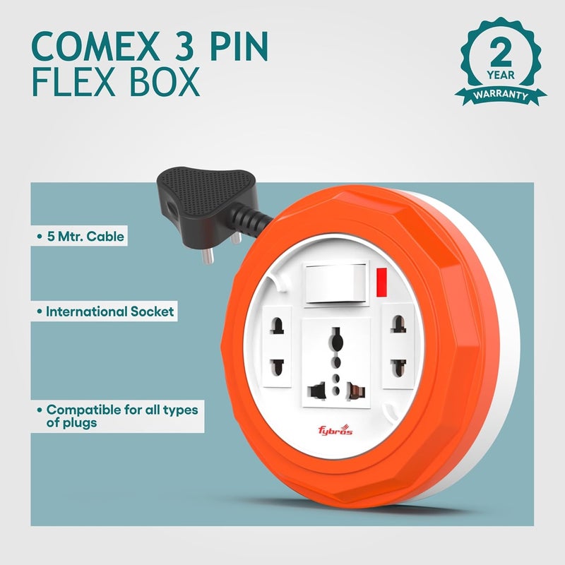 Fybros Comex 3 Pin Extension Cord Extension Box Power Strip with International Sockets Extension Board6 AMP Output 2 Year Warranty 5 Meter Heavy Duty Cable Multicolor Made in India - Image 2