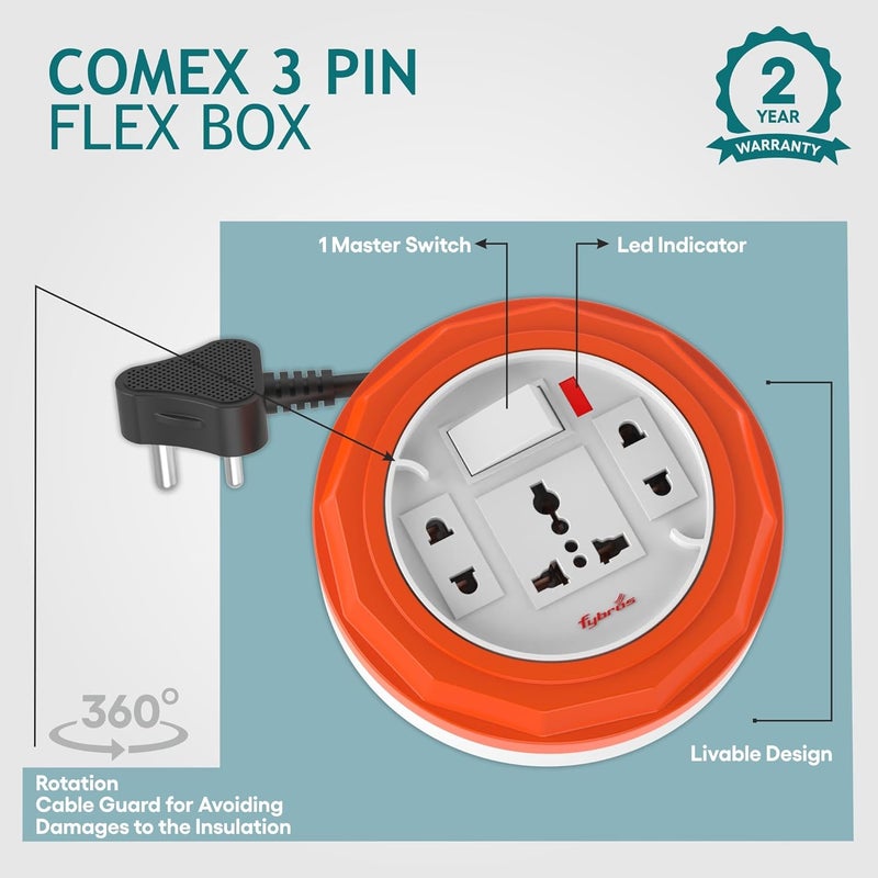 Fybros Comex 3 Pin Extension Cord Extension Box Power Strip with International Sockets Extension Board6 AMP Output 2 Year Warranty 5 Meter Heavy Duty Cable Multicolor Made in India - Image 4