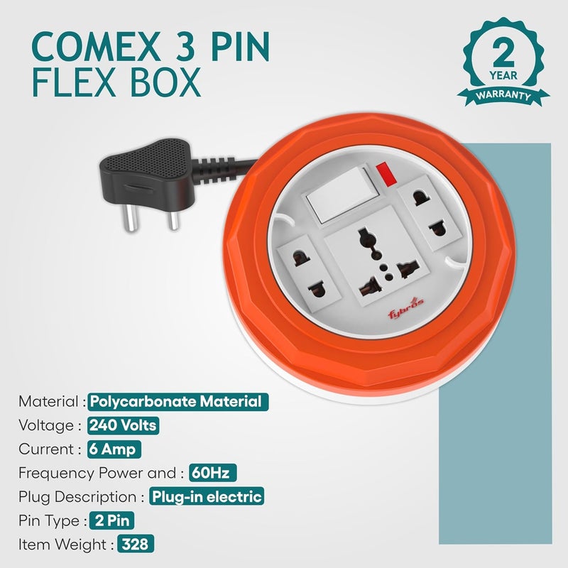 Fybros Comex 3 Pin Extension Cord Extension Box Power Strip with International Sockets Extension Board6 AMP Output 2 Year Warranty 5 Meter Heavy Duty Cable Multicolor Made in India - Image 5