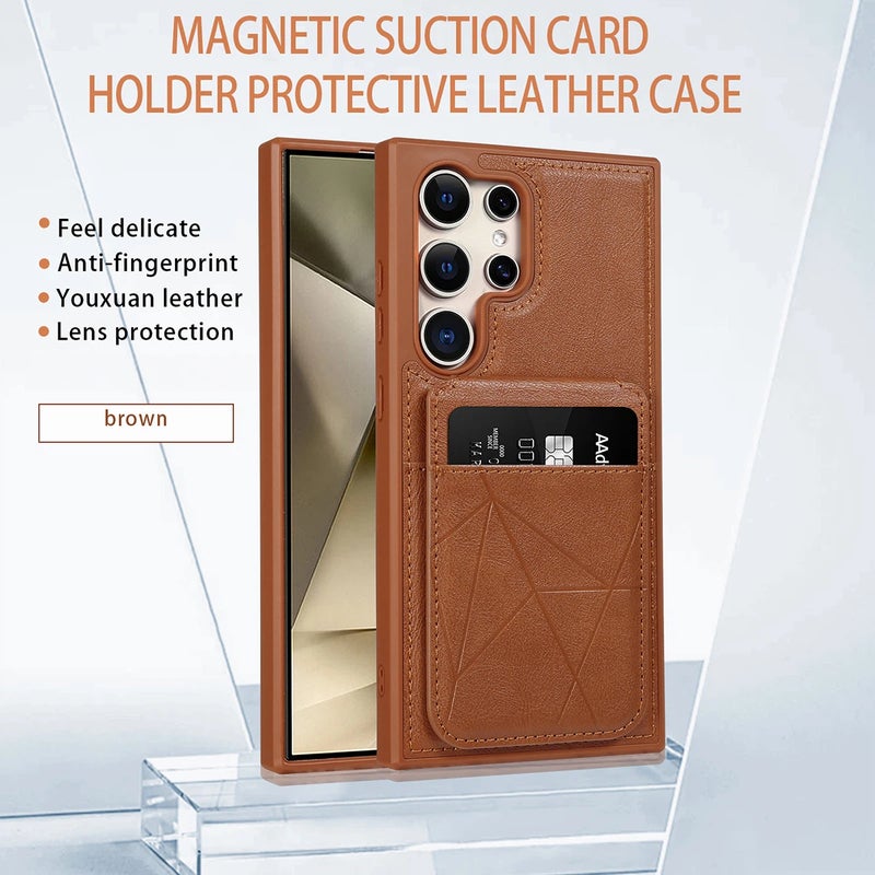 Magnetic Card Holder Kickstand Leather Case Cover For Samsung Series S24 Plus/S24 Ultra/S25 Ultra/S26 Ultra (Brown) - Image 1