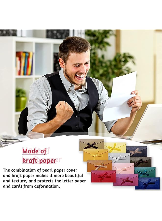 erorex Colorful Envelopes 24Pcs Vintage Kraft Pearlescent Paper Envelopes With Colored Bow Tie Ribbons For Handmade Invitations Wedding Or Festival Cards Thickened Large 12 Color  - Image 3