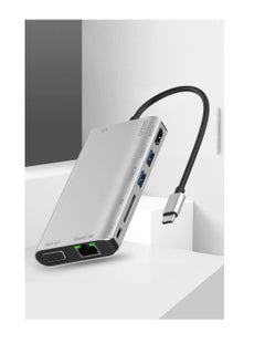 أونتن اونتين (OT-9591B)- موزع USB من نوع سي، محول مجمع 8 في 1 سي مزود بمنفذ جيجابايت ومنفذ HDMI 4 كيه وفيجا وشاحن PD و2 USB3 وصوت 3.55 ملم، وقارئ SD لجهاز ماك بوك برو وأجهزة اللاب توب باللون فضي  - Image 1