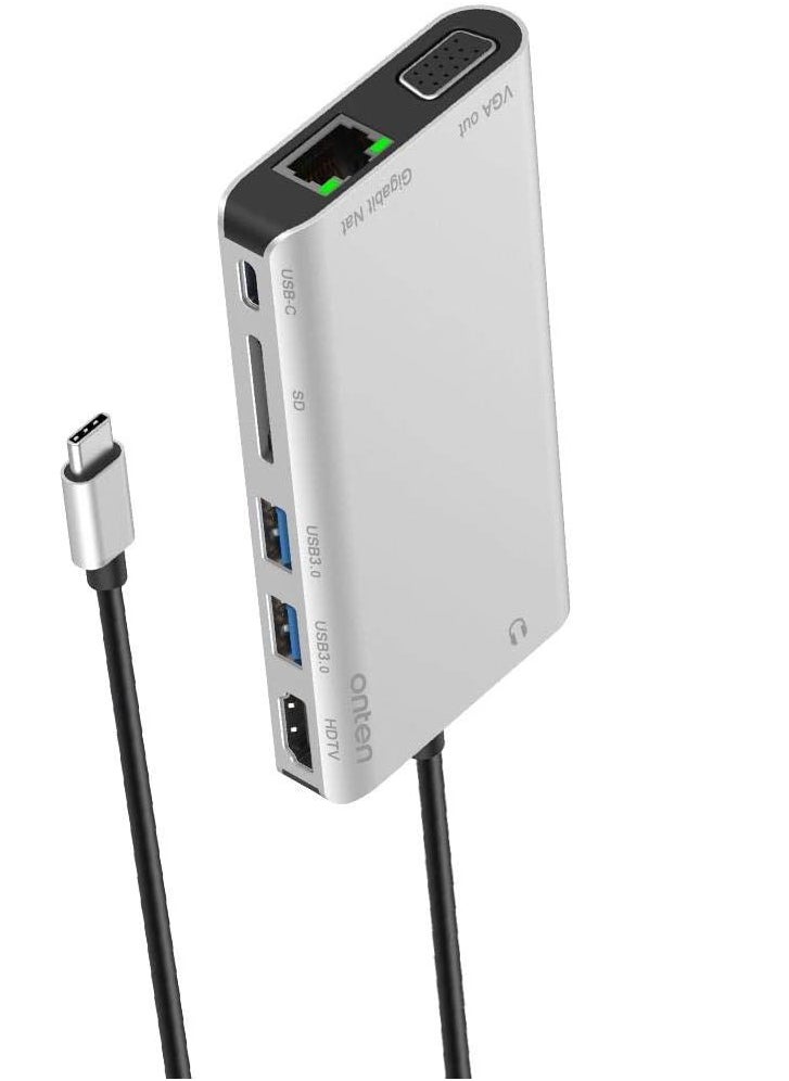 أونتن - اونتين (OT-9591B)- موزع USB من نوع سي، محول مجمع 8 في 1 سي مزود بمنفذ جيجابايت ومنفذ HDMI 4 كيه وفيجا وشاحن PD و2 USB3 وصوت 3.55 ملم، وقارئ SD لجهاز ماك بوك برو وأجهزة اللاب توب باللون فضي - Image 1