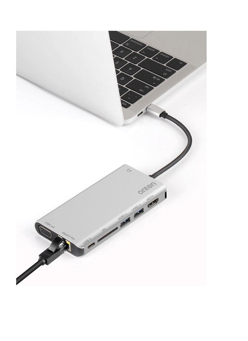 أونتن - اونتين (OT-9591B)- موزع USB من نوع سي، محول مجمع 8 في 1 سي مزود بمنفذ جيجابايت ومنفذ HDMI 4 كيه وفيجا وشاحن PD و2 USB3 وصوت 3.55 ملم، وقارئ SD لجهاز ماك بوك برو وأجهزة اللاب توب باللون فضي - Image 1