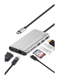 أونتن اونتين (OT-9591B)- موزع USB من نوع سي، محول مجمع 8 في 1 سي مزود بمنفذ جيجابايت ومنفذ HDMI 4 كيه وفيجا وشاحن PD و2 USB3 وصوت 3.55 ملم، وقارئ SD لجهاز ماك بوك برو وأجهزة اللاب توب باللون فضي  - Image 4