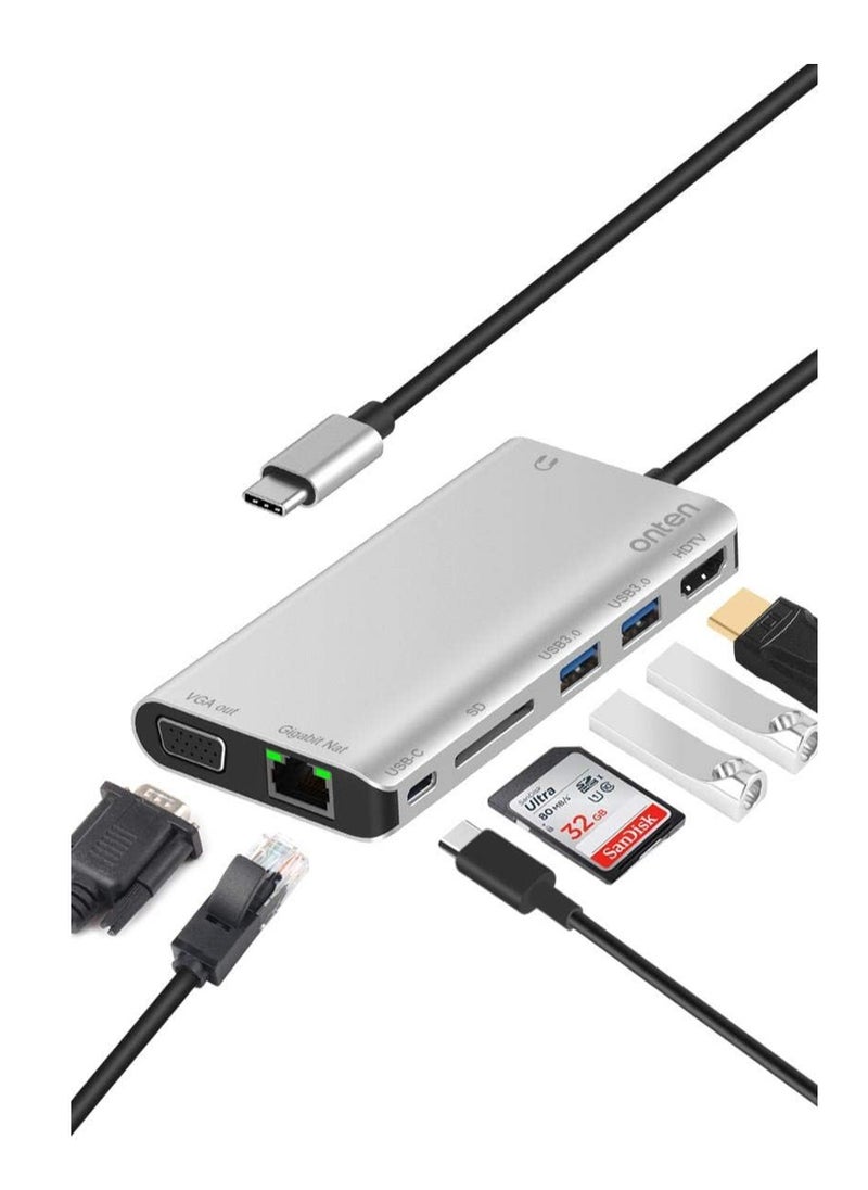 أونتن - اونتين (OT-9591B)- موزع USB من نوع سي، محول مجمع 8 في 1 سي مزود بمنفذ جيجابايت ومنفذ HDMI 4 كيه وفيجا وشاحن PD و2 USB3 وصوت 3.55 ملم، وقارئ SD لجهاز ماك بوك برو وأجهزة اللاب توب باللون فضي - Image 1