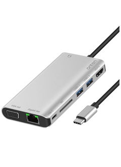 أونتن اونتين (OT-9591B)- موزع USB من نوع سي، محول مجمع 8 في 1 سي مزود بمنفذ جيجابايت ومنفذ HDMI 4 كيه وفيجا وشاحن PD و2 USB3 وصوت 3.55 ملم، وقارئ SD لجهاز ماك بوك برو وأجهزة اللاب توب باللون فضي  - Image 5