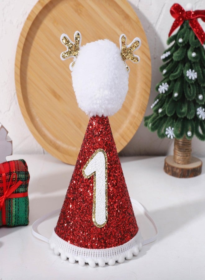 Agkvw Christmas Red Reindeer 1st Birthday Hat - My 1st Christmas Birthday Hat, Christmas 1st Birthday Decoration for Kids, New Year Party Hat, Cake Smash Props - Image 1