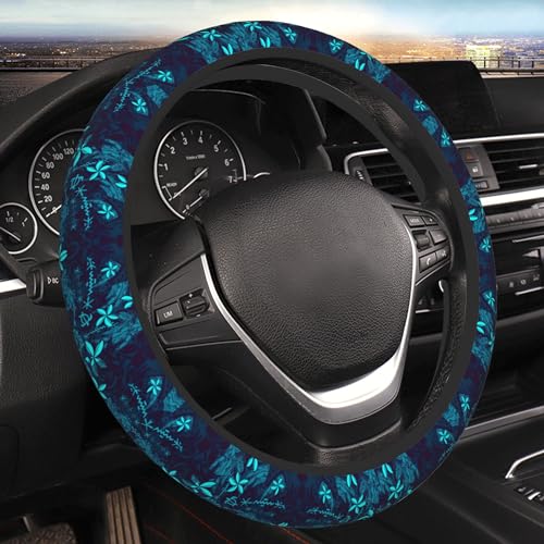THOEWONG Polynesian Teal Tribal Leaf Floral Car Steering Wheel Cover for Women Men Stretch Cloth AntiSlip Wrap Protector Case Fit Universal Auto Accessories Decor Sweat Absorption 1415 Inch - Image 1
