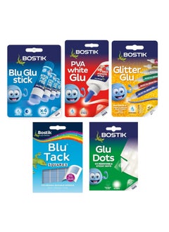Bostik Bostik Stationery & Arts & Crafts Combo - PVA Glue 118ml, Glitter Glue Pens (6 Pack), Glue Sticks (4x8g), Removable Glue Dots (64 Dots), Blu Tack Handy Square (45g) - Ideal for School, Office & DIY Projects  - Image 1