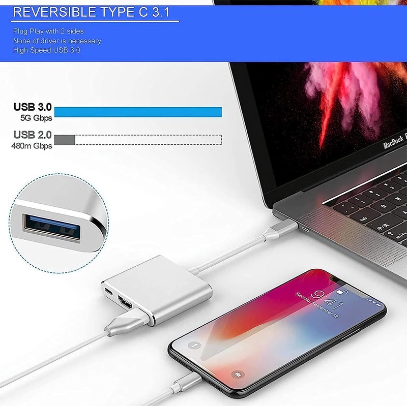 3-in-1 USB-C to 4K HDMI Digital AV Multiport Adapter with a USB 3.0 Port, a Type C Converter for Screen Mirroring and Charging on Monitors and Projectors - Silver - Image 2