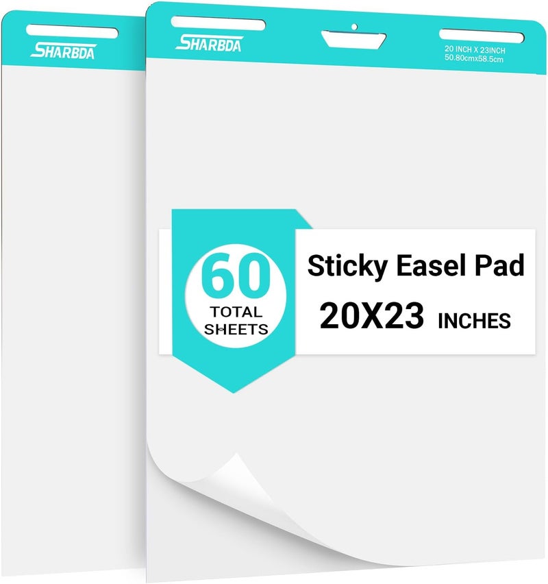 SHARBDA Sticky Easel Pad,20 in x 23 in,Flip Chart Paper,Sticky Chart Paper for Teachers,Self-Stick Easel Paper,Super Sticky & Bleed-Resistant, 30 Sheets/Pad, 2 Pads - Image 1