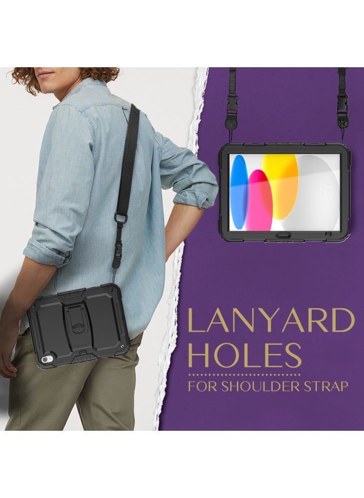 For iPad (2025)/10.9 (2022) Silicone+PC Protective Case Kickstand Shockproof Tablet Cover with Shoulder Strap - All Black - Image 4