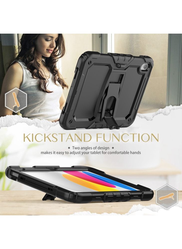 For iPad (2025)/10.9 (2022) Silicone+PC Protective Case Kickstand Shockproof Tablet Cover with Shoulder Strap - All Black - Image 3