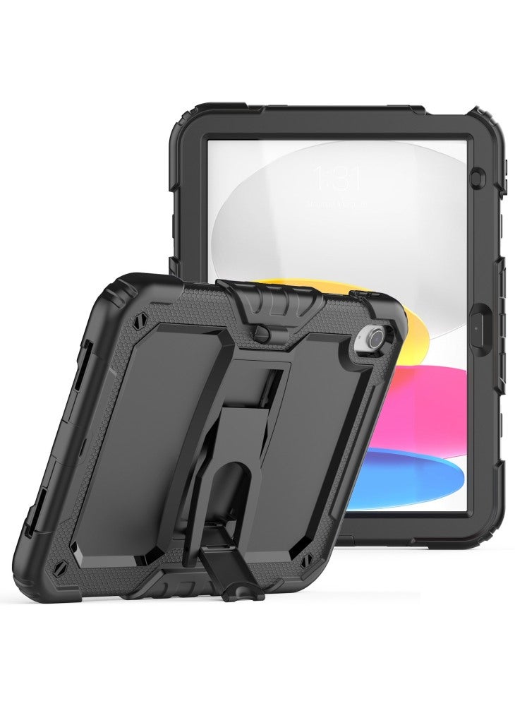 For iPad (2025)/10.9 (2022) Silicone+PC Protective Case Kickstand Shockproof Tablet Cover with Shoulder Strap - All Black - Image 1