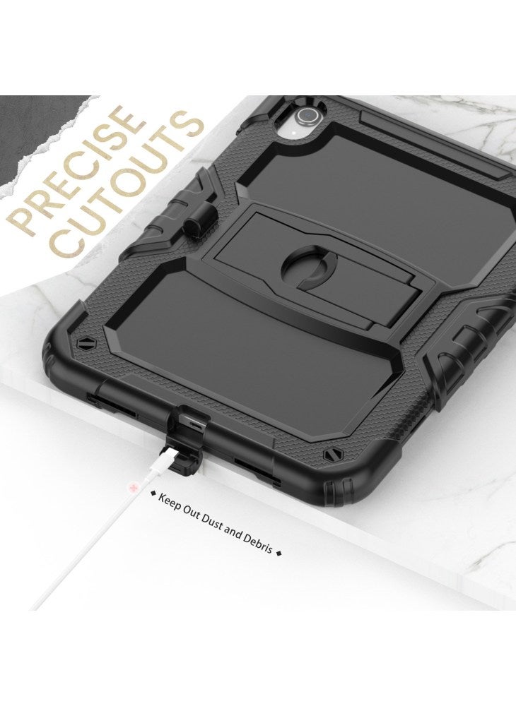 For iPad (2025)/10.9 (2022) Silicone+PC Protective Case Kickstand Shockproof Tablet Cover with Shoulder Strap - All Black - Image 5