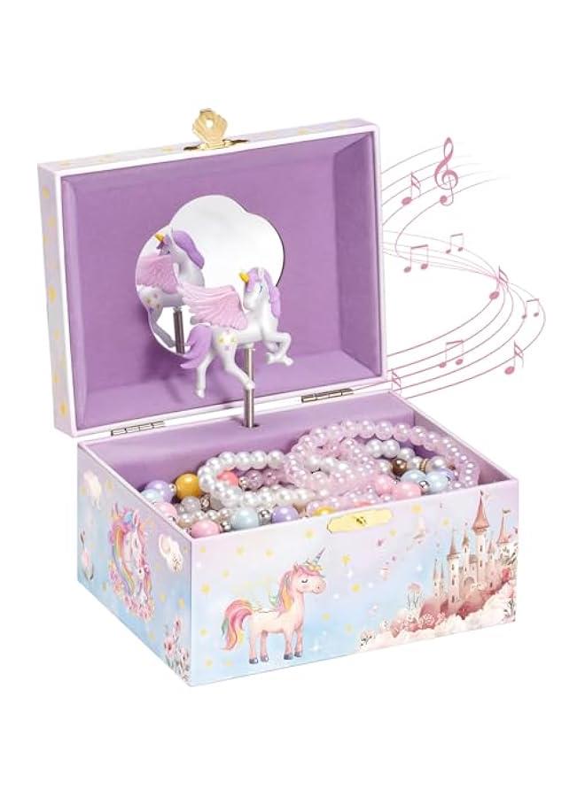 عربست بروكيس صندوق مجوهرات يونيكورن للبنات، صندوق مجوهرات موسيقي للاطفال مع دمية يونيكورن دوارة، هدايا عيد ميلاد للفتيات الصغيرات والاطفال الصغار من سن 3 4 5 6 7 8 - زهري (صندوق فقط) - Image 1
