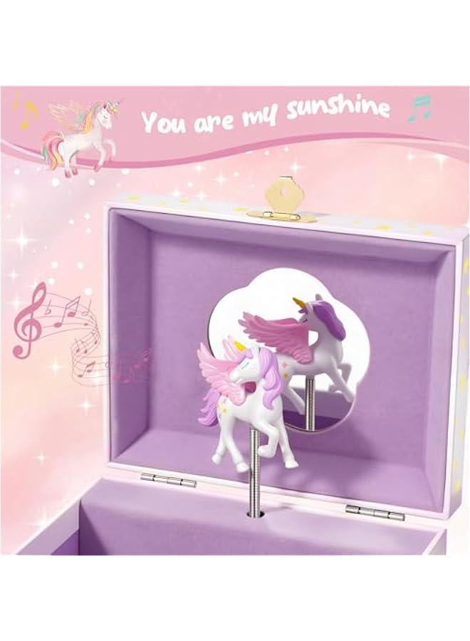 عربست بروكيس صندوق مجوهرات يونيكورن للبنات، صندوق مجوهرات موسيقي للاطفال مع دمية يونيكورن دوارة، هدايا عيد ميلاد للفتيات الصغيرات والاطفال الصغار من سن 3 4 5 6 7 8 - زهري (صندوق فقط) - Image 2