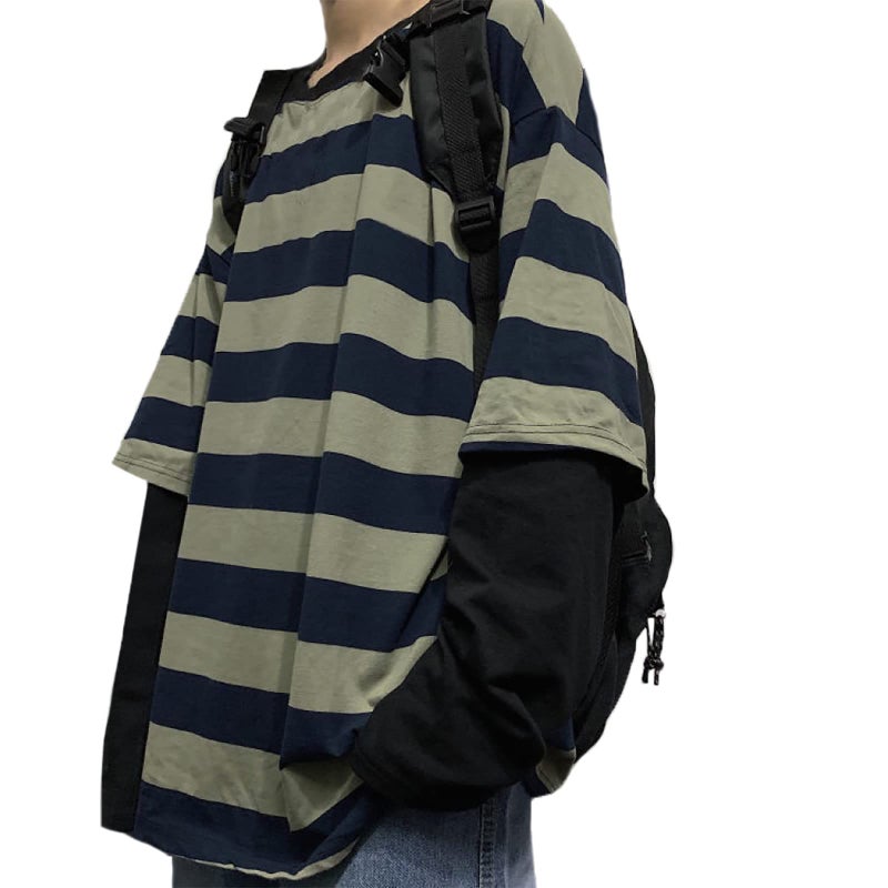 LAVASEON Harajuku Oversized Striped T-Shirt Long Sleeve Crew Neck Casual Matching Couple Streetwear Pullover Green - Image 1