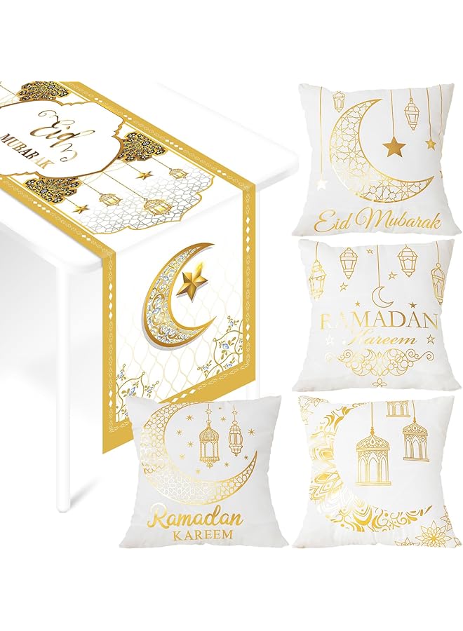 The Bros Eid Mubarak Decorations Ramadan Pillow Covers Table Runner Set - Table Runner and 4 Pillow covers, Eid Mubarak Decorations Eid Decorative, Perfect for Festive Home Decor, Gifts - Image 1