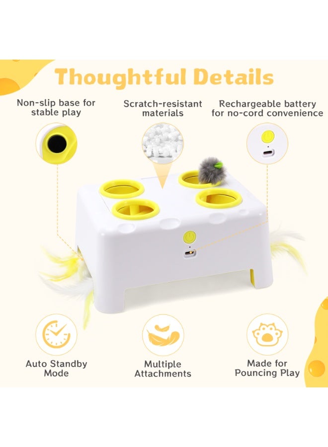 Interactive Cat Toy for Indoor Cats, 3 Modes Feathers Toy, Rechargeable 4 Holes Mole Cat Toys, Cheese Box for Kitten, 4 Accessories - Image 5
