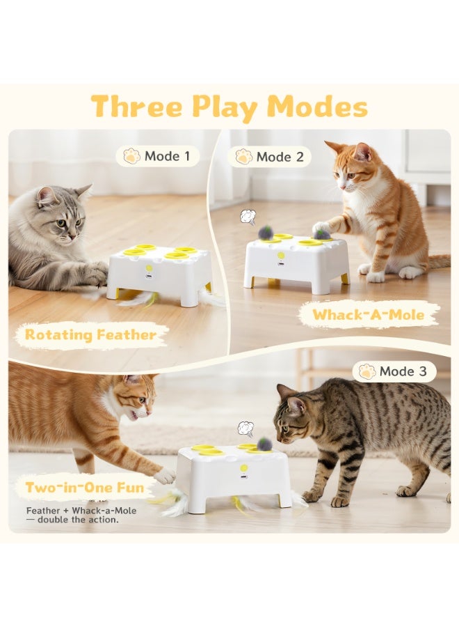 Interactive Cat Toy for Indoor Cats, 3 Modes Feathers Toy, Rechargeable 4 Holes Mole Cat Toys, Cheese Box for Kitten, 4 Accessories - Image 4