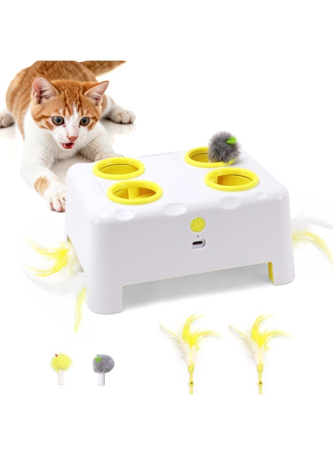Interactive Cat Toy for Indoor Cats, 3 Modes Feathers Toy, Rechargeable 4 Holes Mole Cat Toys, Cheese Box for Kitten, 4 Accessories - Image 1
